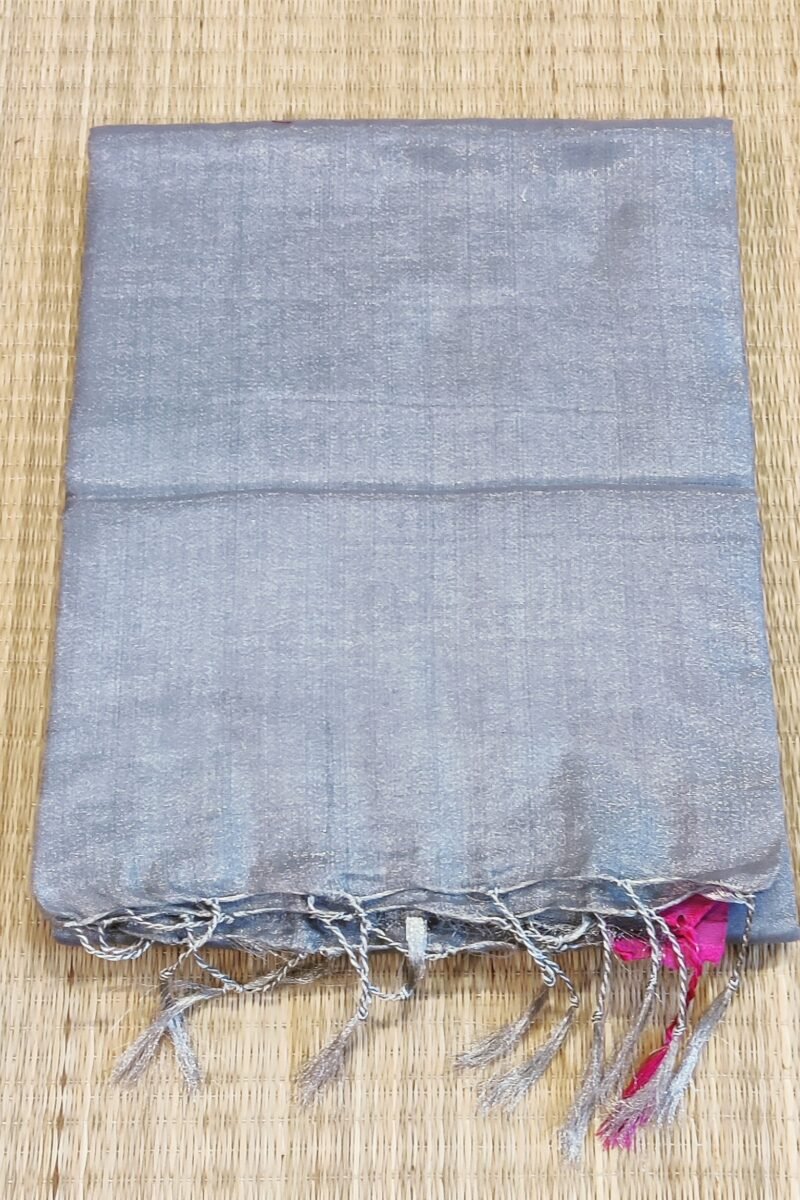 Majestic Khadi: Grey Plain Khadi Tissue Linen Saree - Image 4