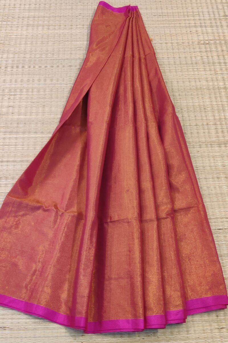 Majestic Khadi: Reddish Pink Plain Khadi Tissue Linen Saree - Image 3