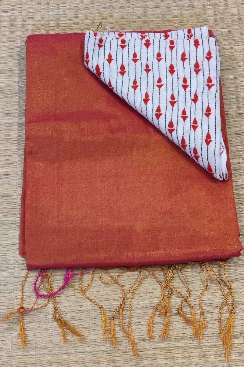 Majestic Khadi: Reddish Pink Plain Khadi Tissue Linen Saree