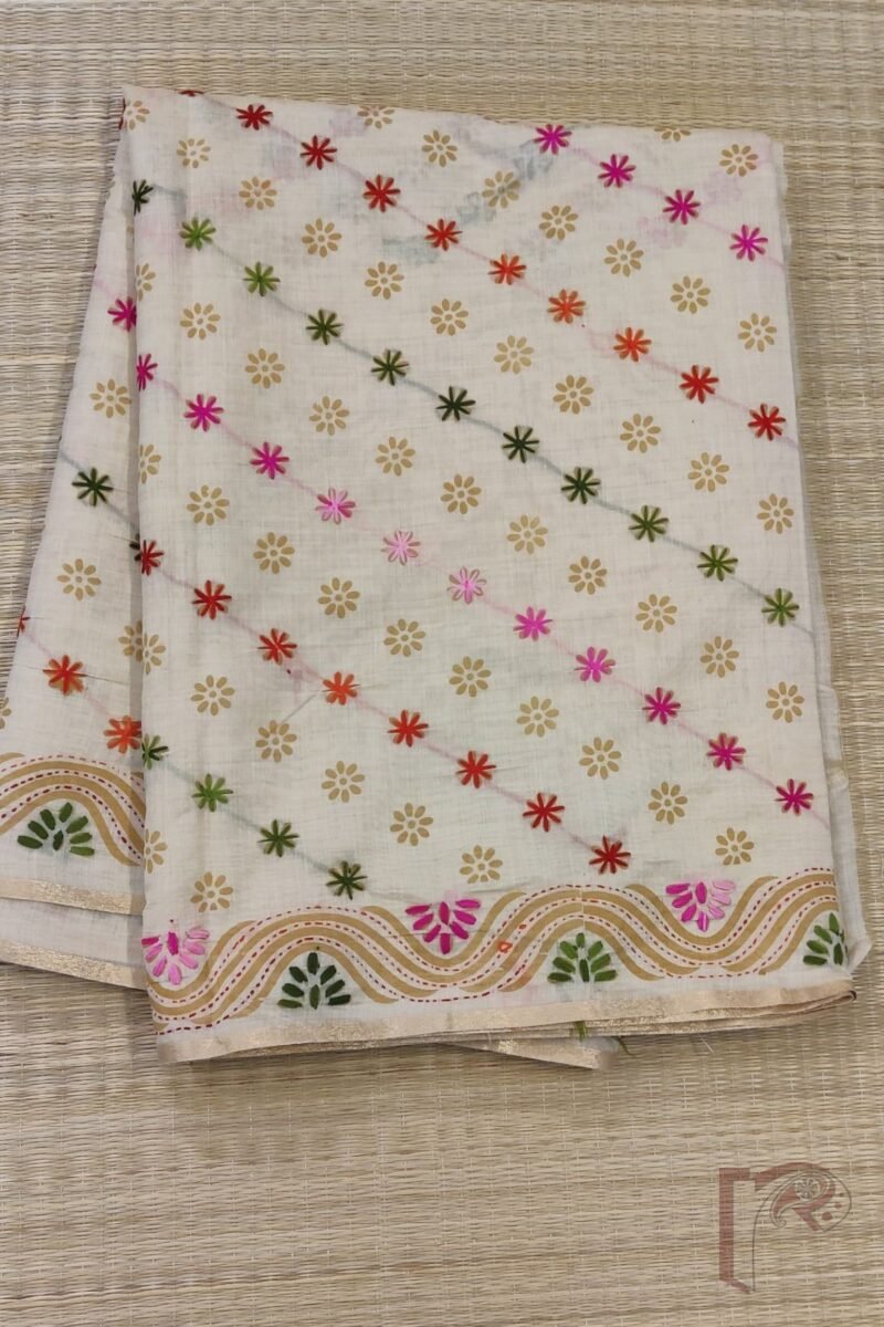 Chanderi Charisma – Cream Chanderi Silk Saree with Pink and Green Phulkari-Style Embroidered Floral Diagonal Lines - Image 3