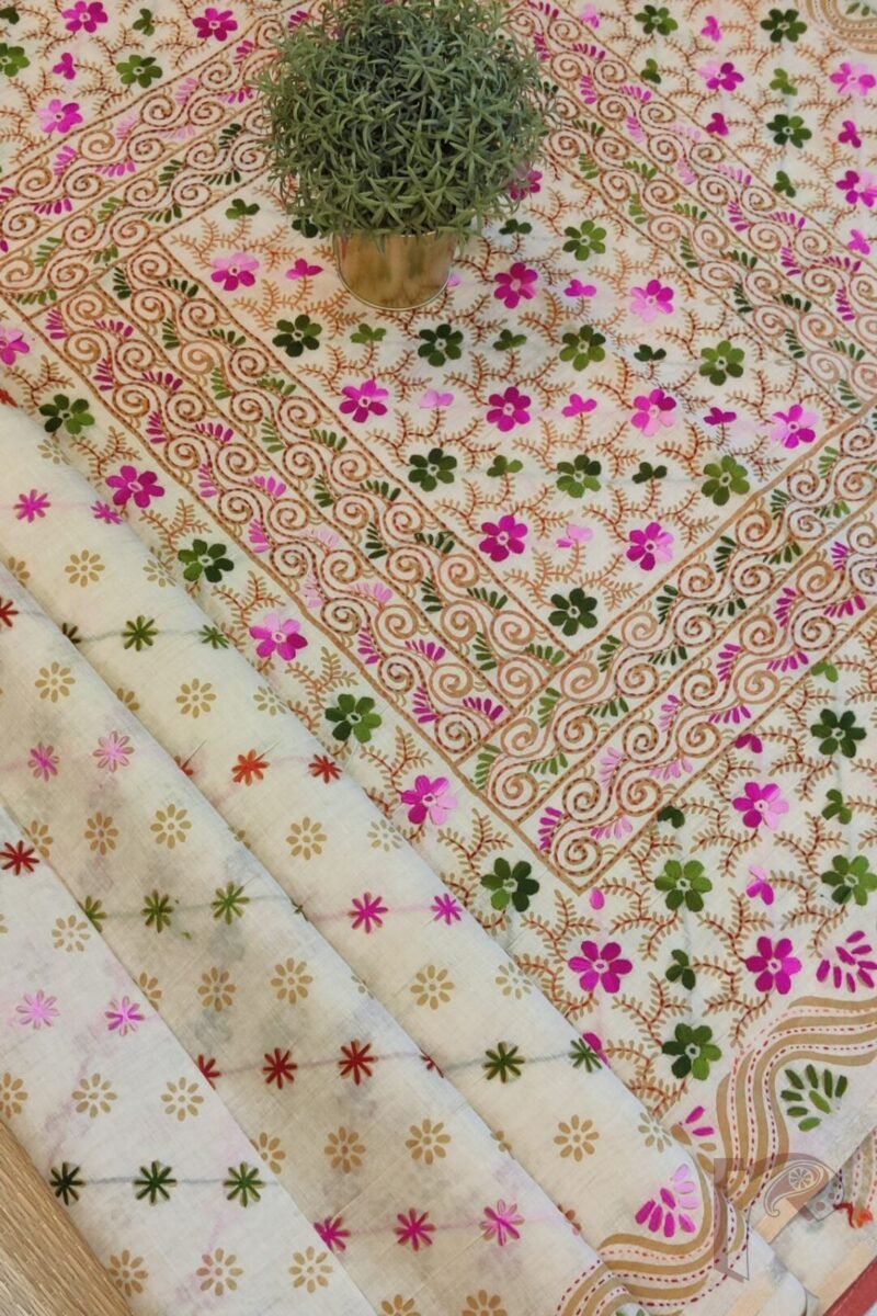 Chanderi Charisma – Cream Chanderi Silk Saree with Pink and Green Phulkari-Style Embroidered Floral Diagonal Lines - Image 4