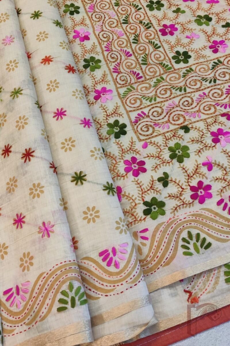 Chanderi Charisma – Cream Chanderi Silk Saree with Pink and Green Phulkari-Style Embroidered Floral Diagonal Lines - Image 5