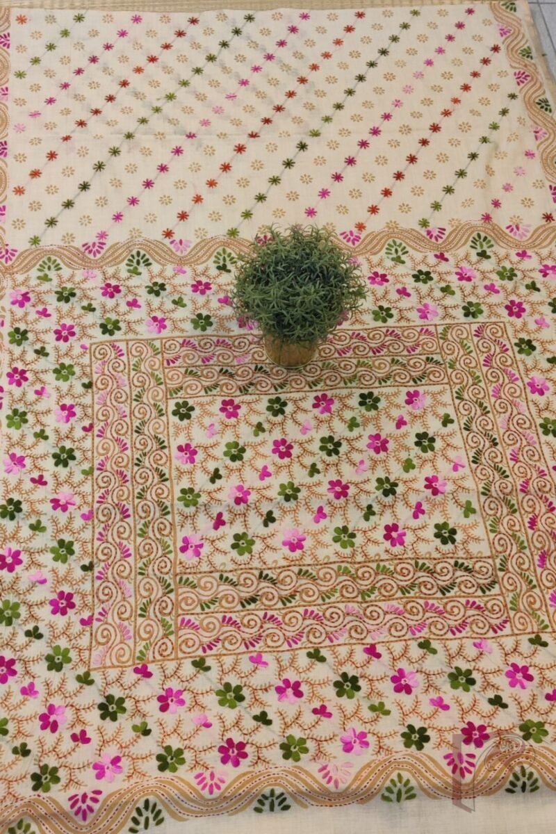 Chanderi Charisma – Cream Chanderi Silk Saree with Pink and Green Phulkari-Style Embroidered Floral Diagonal Lines - Image 7