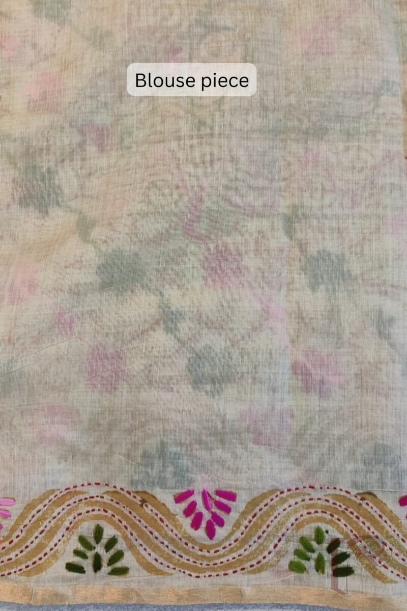 Chanderi Charisma – Cream Chanderi Silk Saree with Pink and Green Phulkari-Style Embroidered Floral Diagonal Lines - Image 8