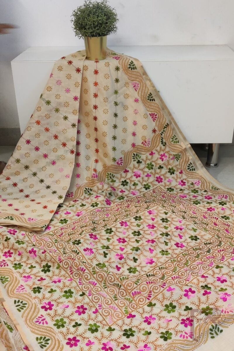 Chanderi Charisma – Cream Chanderi Silk Saree with Pink and Green Phulkari-Style Embroidered Floral Diagonal Lines
