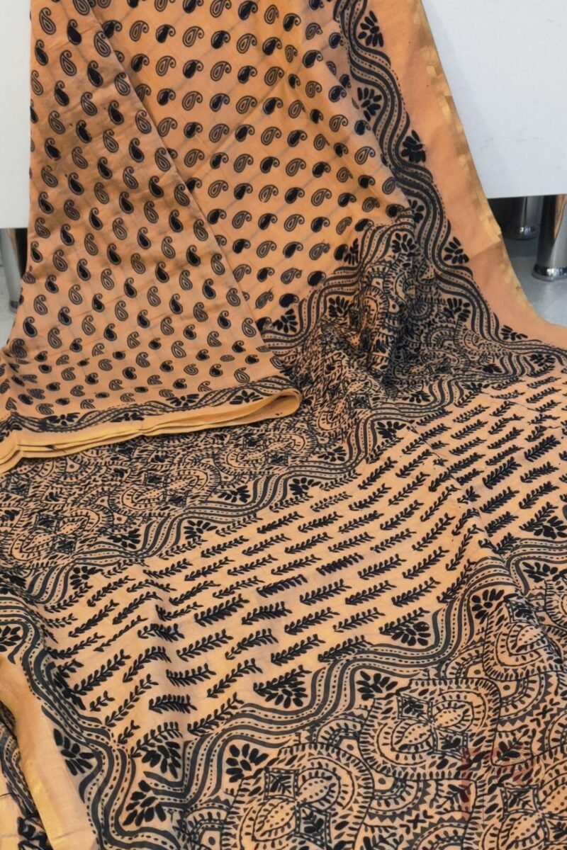 Chanderi Charisma – Light Orange Chanderi Silk Saree with Black Embroidered Mango Motifs and Intricate Printed Pallu - Image 6