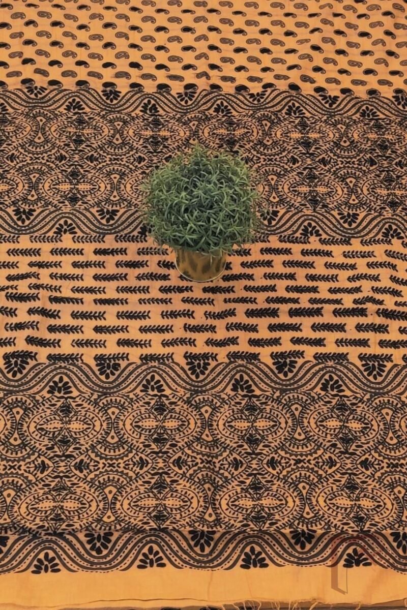 Chanderi Charisma – Light Orange Chanderi Silk Saree with Black Embroidered Mango Motifs and Intricate Printed Pallu - Image 7