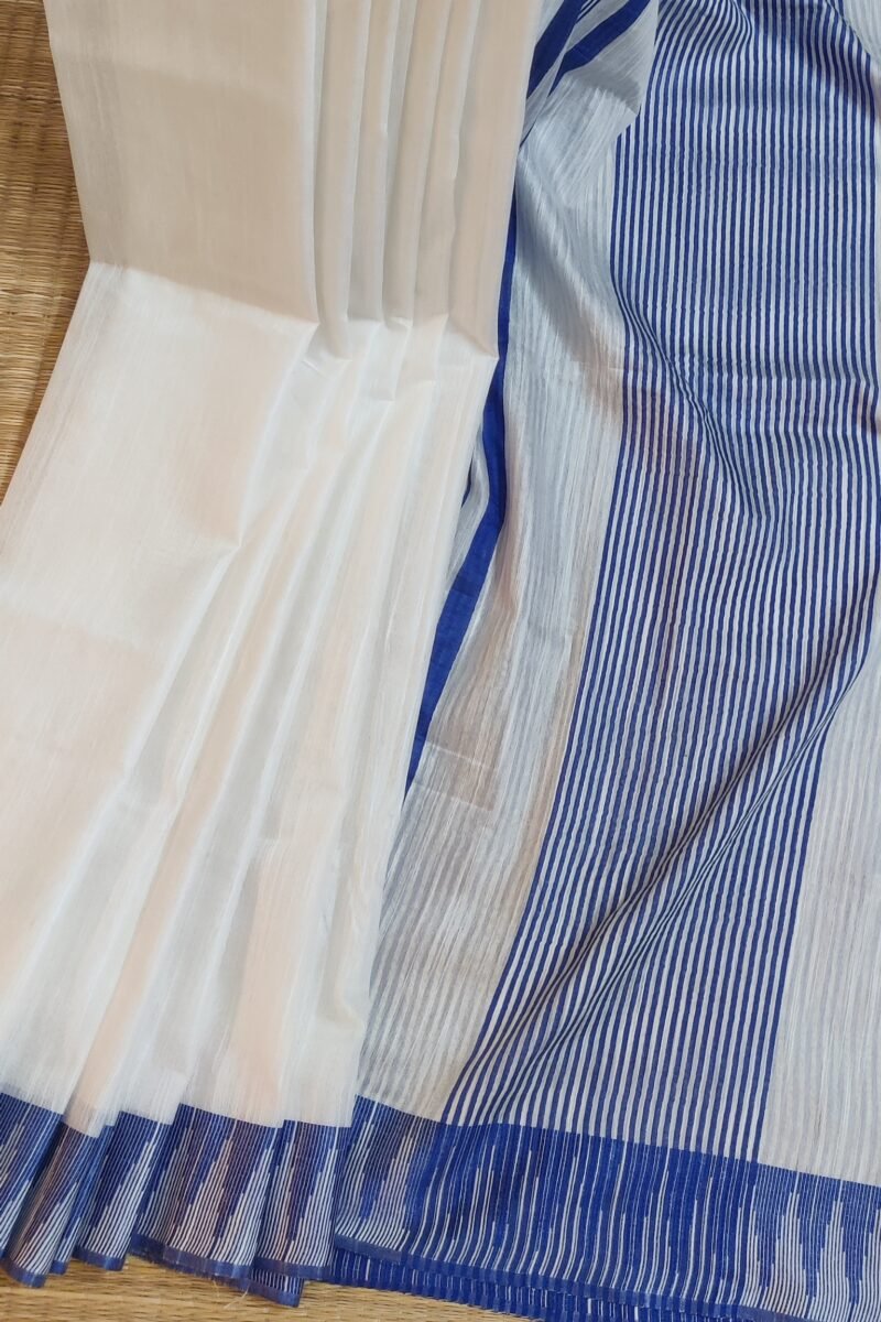 Viscose Vibrance: Pure White and Ink Blue Temple Border Kota Viscose Saree - Image 2