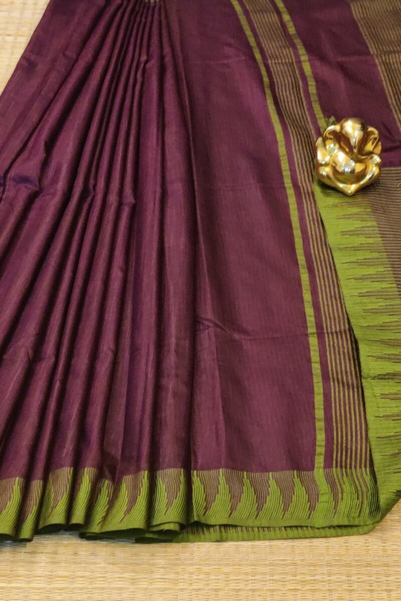 Viscose Vibrance: Dark Purple and Mehndi Green Temple Border Kota Viscose Saree - Image 3