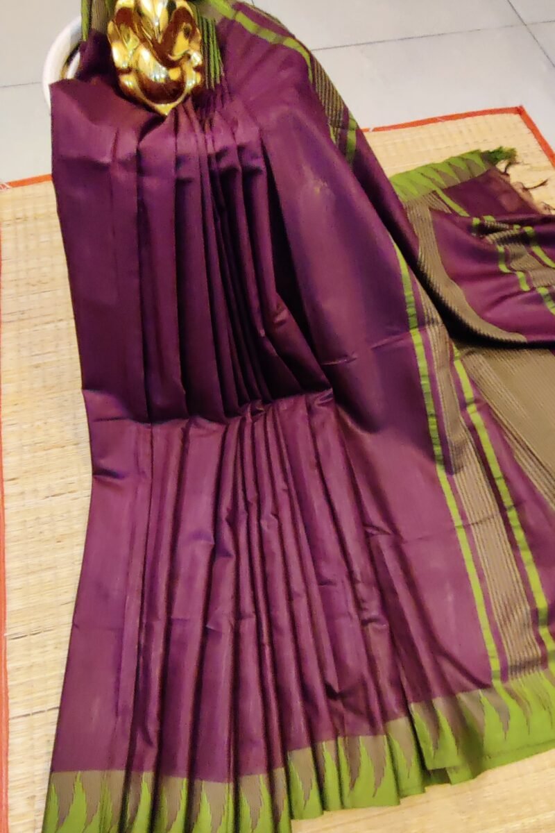 Viscose Vibrance: Dark Purple and Mehndi Green Temple Border Kota Viscose Saree - Image 4