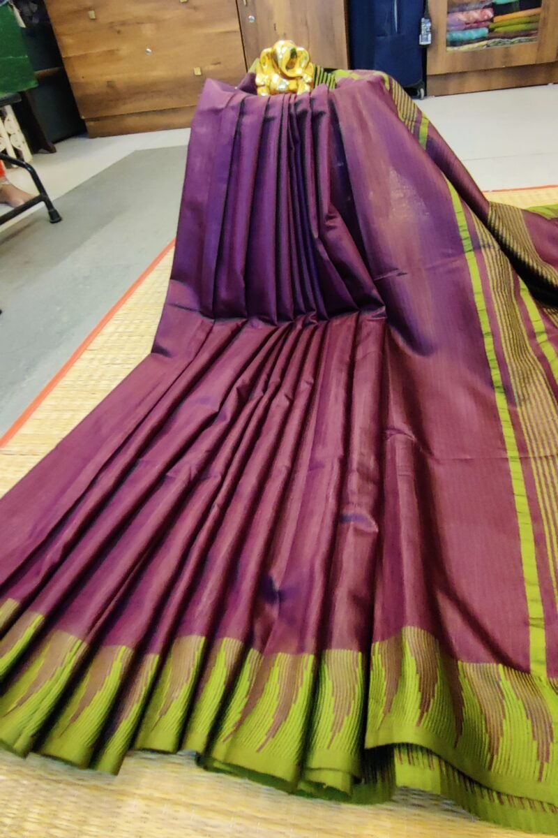 Viscose Vibrance: Dark Purple and Mehndi Green Temple Border Kota Viscose Saree - Image 7