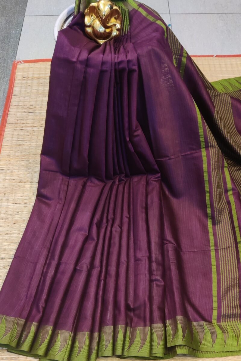 Viscose Vibrance: Dark Purple and Mehndi Green Temple Border Kota Viscose Saree