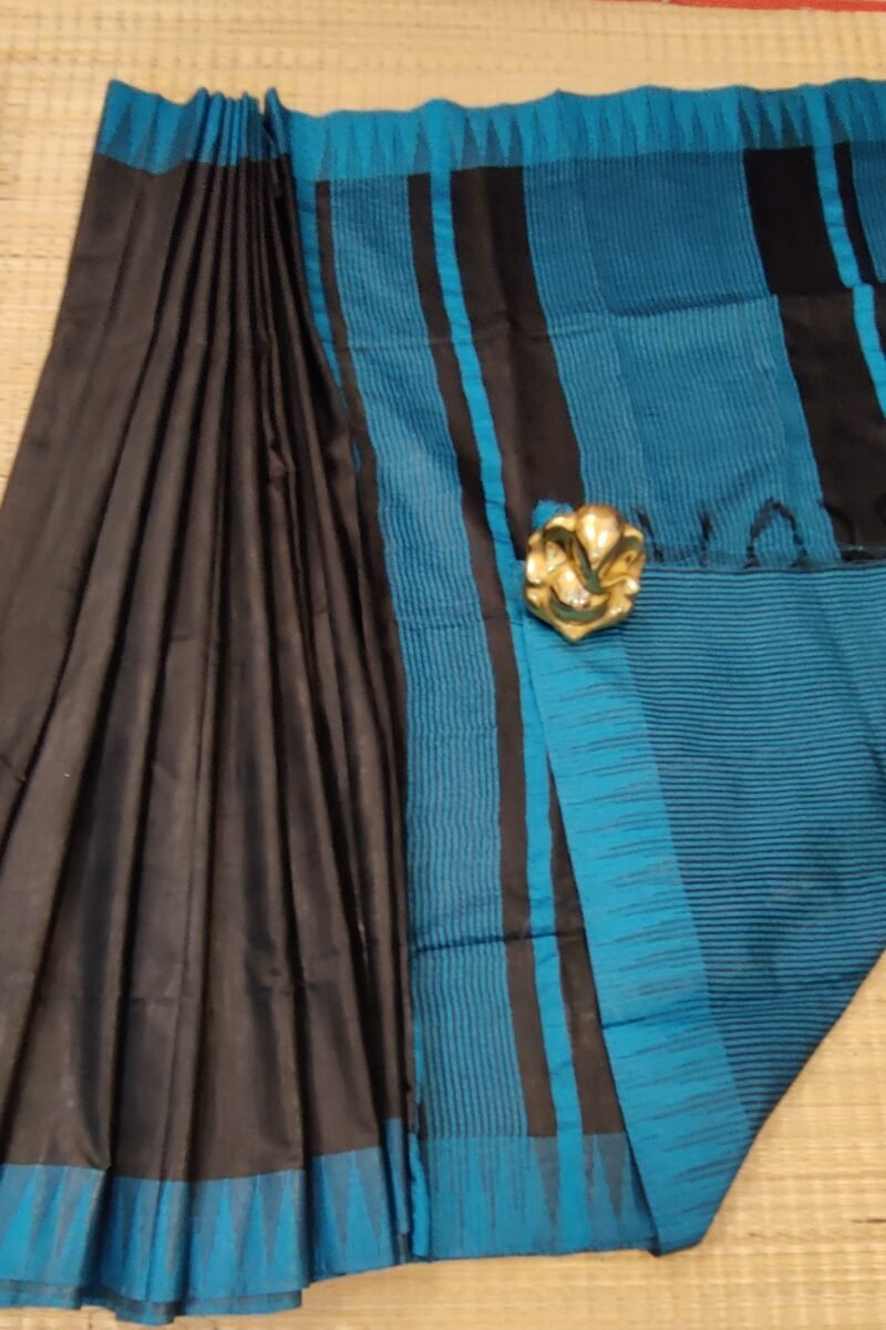 Viscose Vibrance: Black and Blue Temple Border Kota Viscose Saree - Image 4