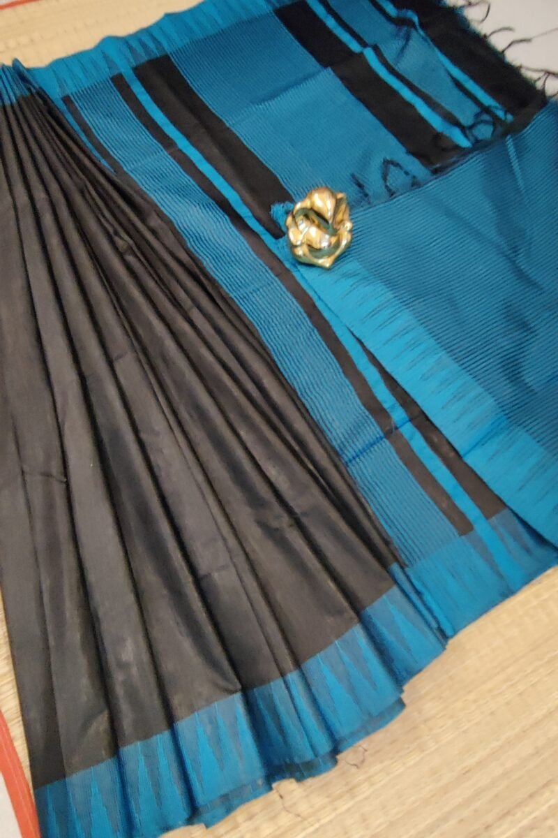 Viscose Vibrance: Black and Blue Temple Border Kota Viscose Saree - Image 8
