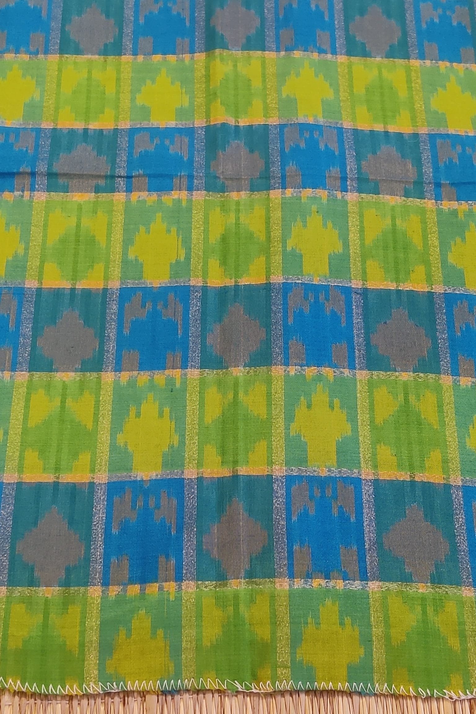 Copper Sulphate Blue and Parrot Green Striped Ikkat Silk Blouse Piece with Gold Lines and Yellow Motifs - Image 2
