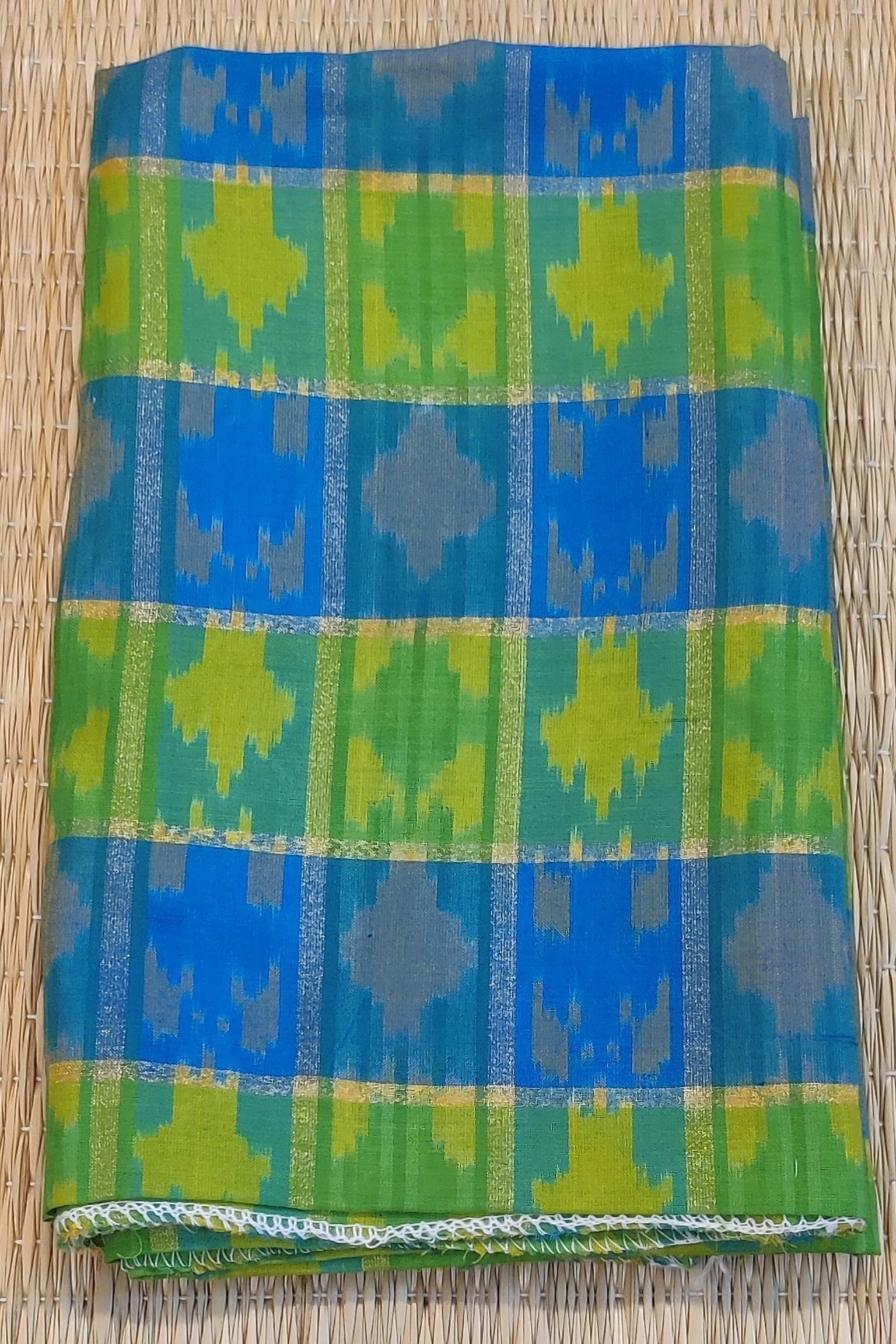 Copper Sulphate Blue and Parrot Green Striped Ikkat Silk Blouse Piece with Gold Lines and Yellow Motifs - Image 3
