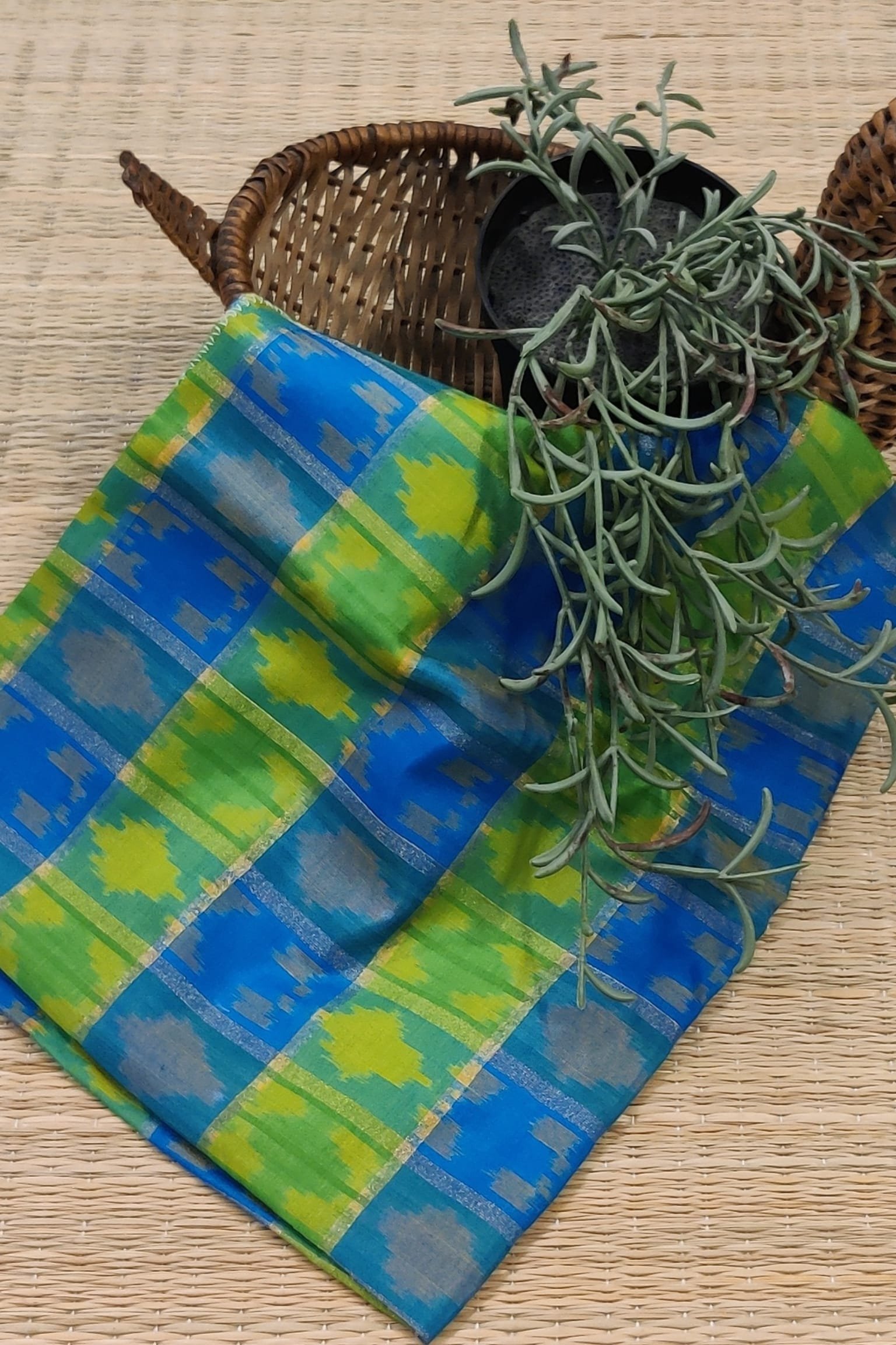Copper Sulphate Blue and Parrot Green Striped Ikkat Silk Blouse Piece with Gold Lines and Yellow Motifs
