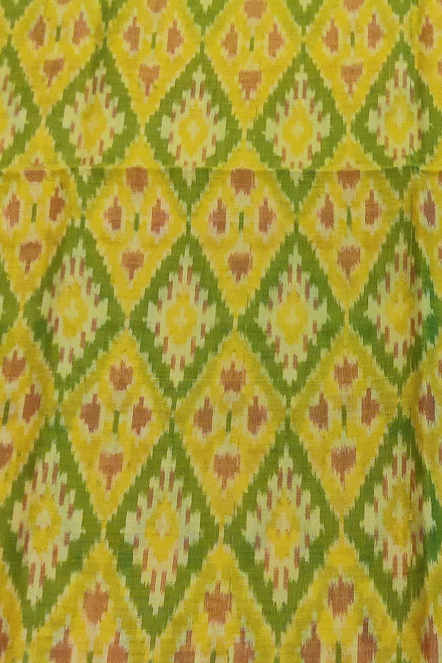 Golden Yellow and Green Diamond Pattern Ikkat Silk Blouse Piece with Red Accent Weave - Image 2
