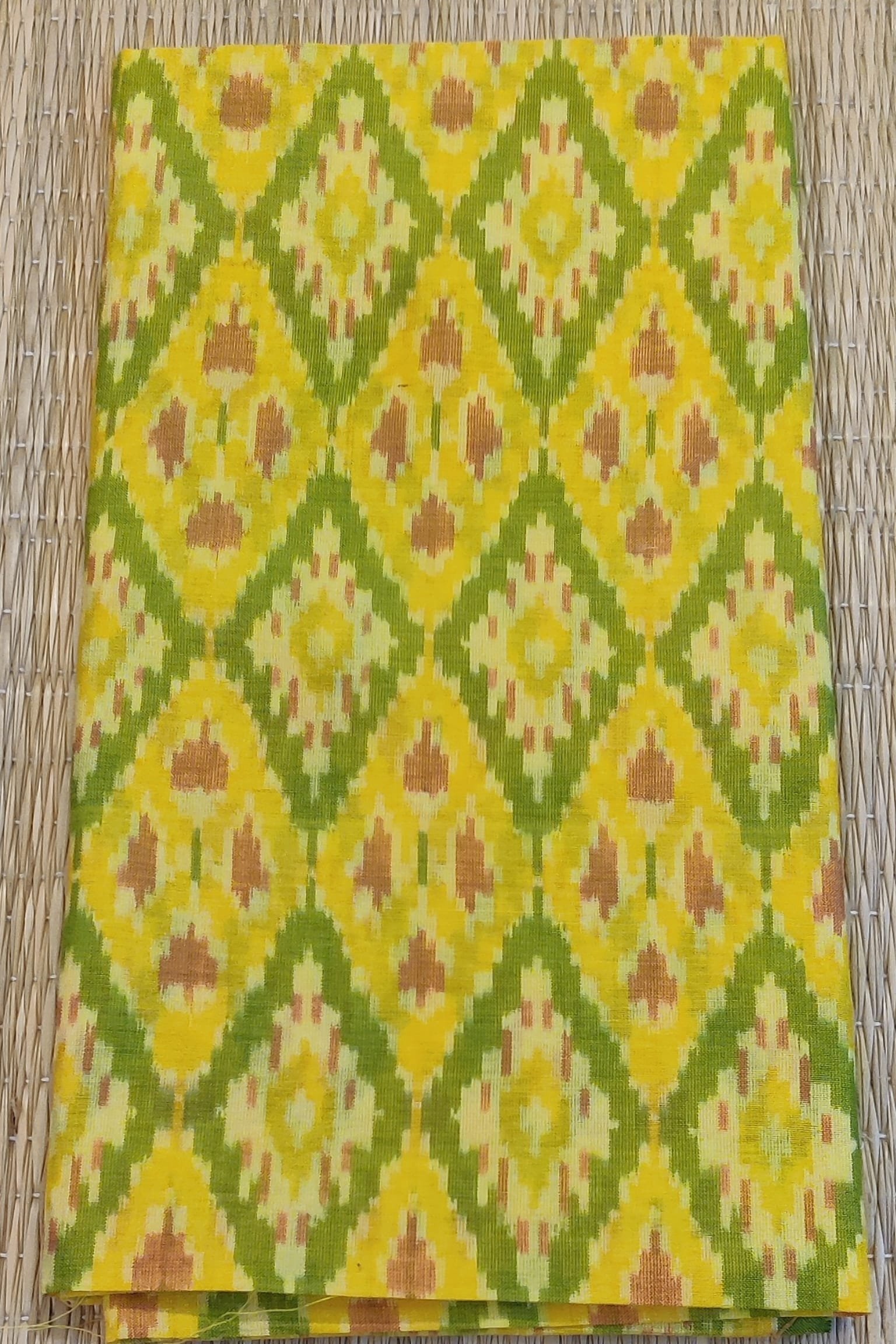Golden Yellow and Green Diamond Pattern Ikkat Silk Blouse Piece with Red Accent Weave - Image 3