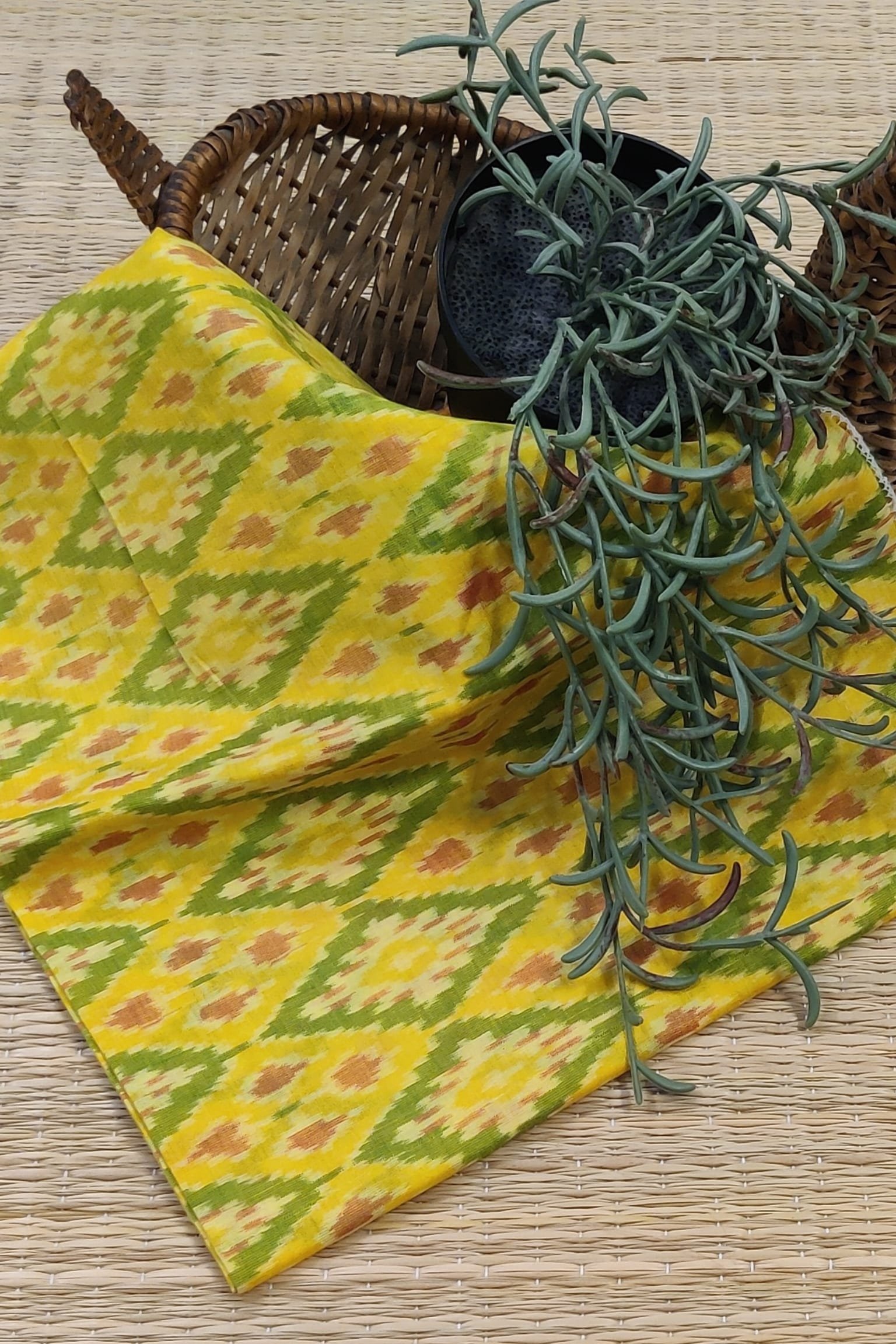 Golden Yellow and Green Diamond Pattern Ikkat Silk Blouse Piece with Red Accent Weave