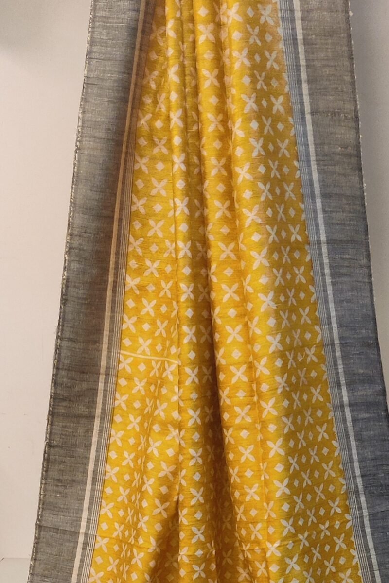 Tussar Tales - Yellow and Cream - Tussar Handblock Printed Saree - Image 4