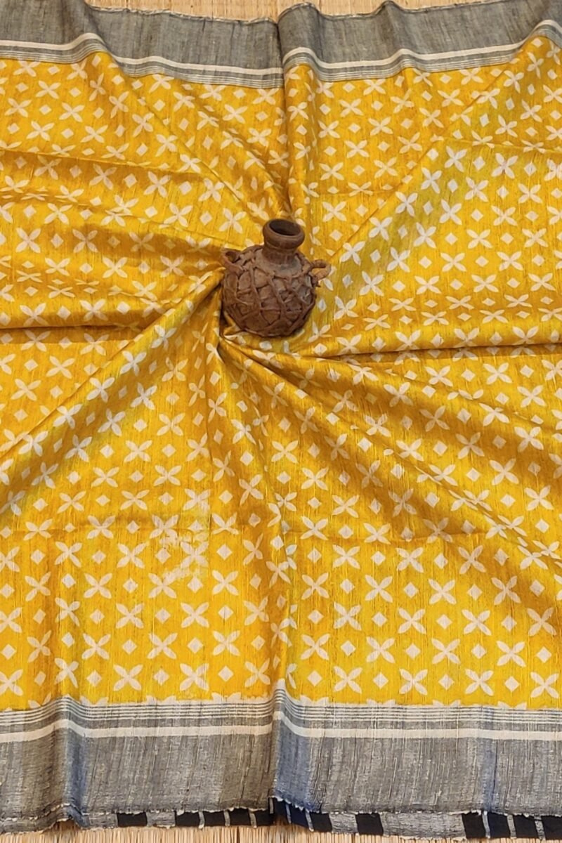 Tussar Tales - Yellow and Cream - Tussar Handblock Printed Saree - Image 6