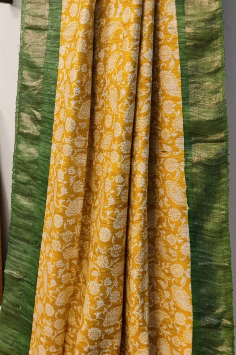 Tussar Tales - Yellow and Green - Tussar Handblock Printed Saree - Image 3