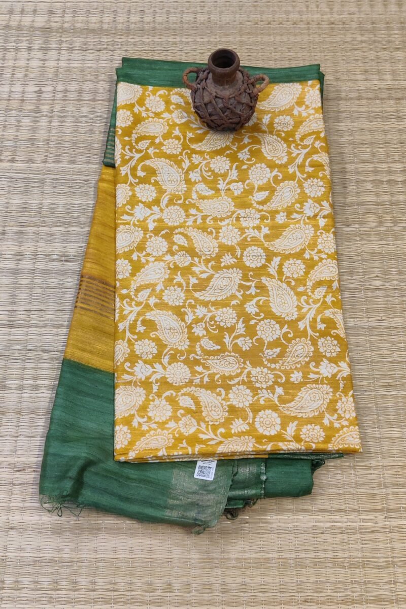 Tussar Tales - Yellow and Green - Tussar Handblock Printed Saree - Image 5