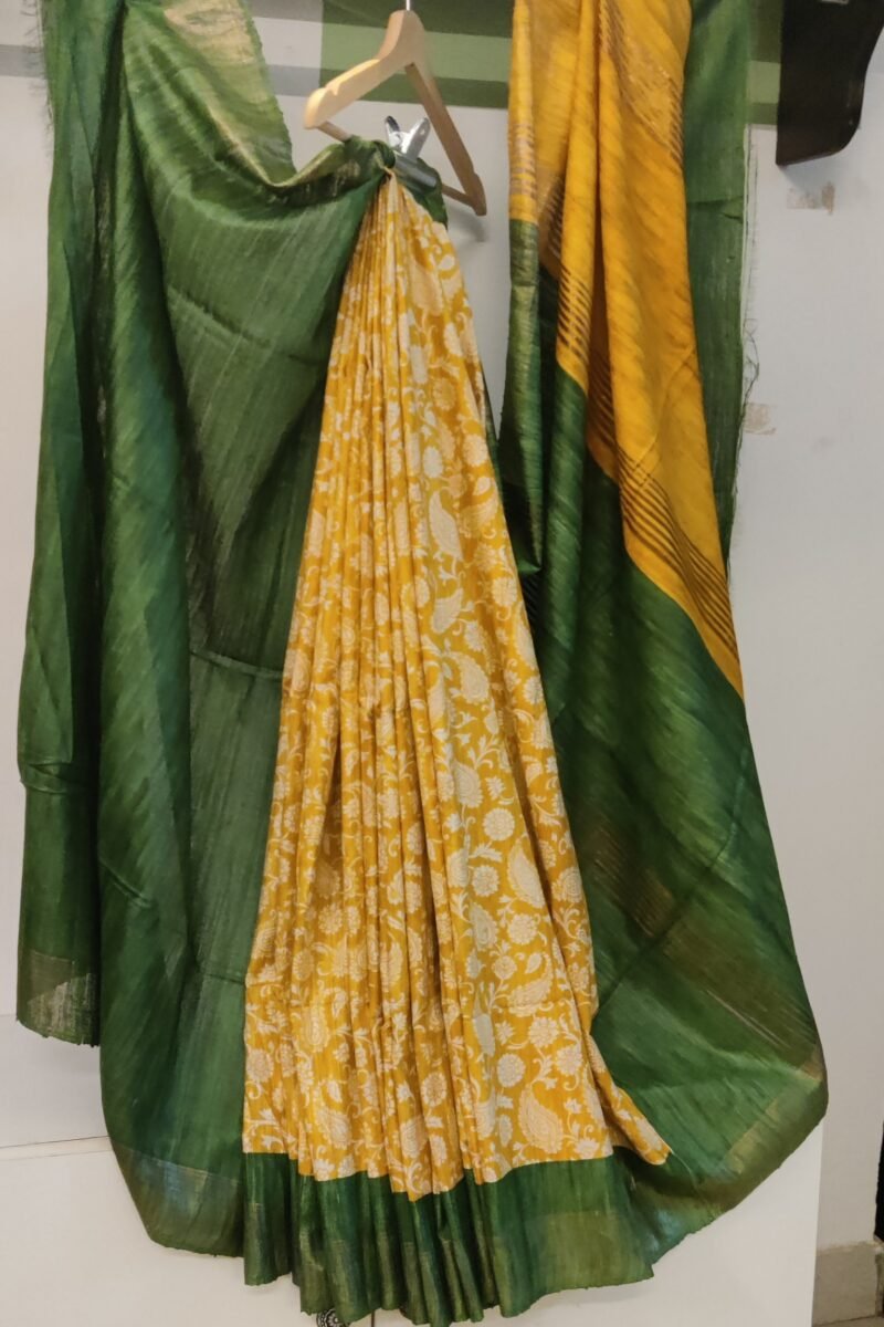 Tussar Tales - Yellow and Green - Tussar Handblock Printed Saree