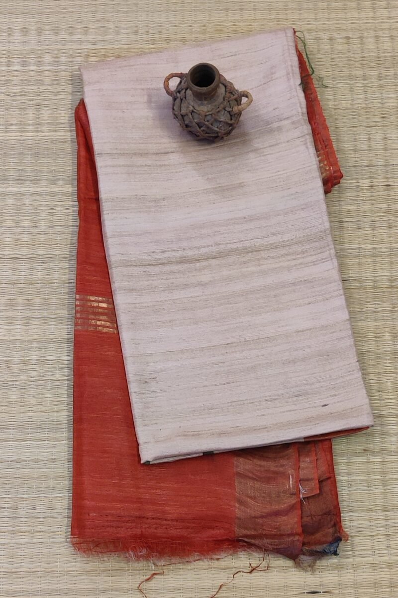 Tussar Tales - Cream and Red - Tussar Handblock Printed Saree - Image 5