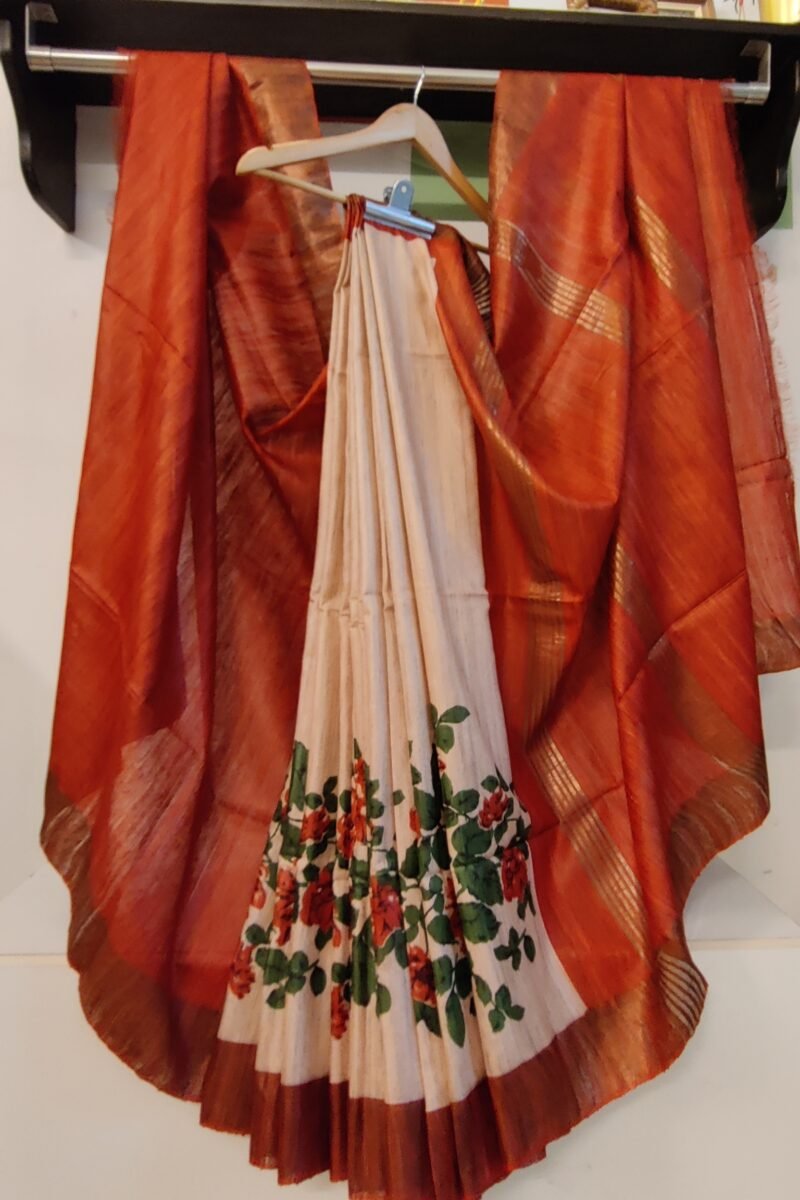 Tussar Tales - Cream and Red - Tussar Handblock Printed Saree