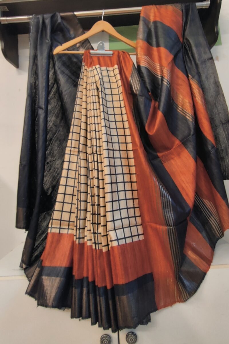 Tussar Tales - Cream and Black - Tussar Handblock Printed Saree