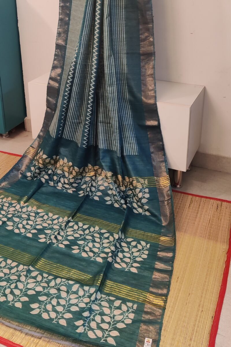 Tussar Tales - Teal Blue and White - Tussar Handblock Printed Saree - Image 3