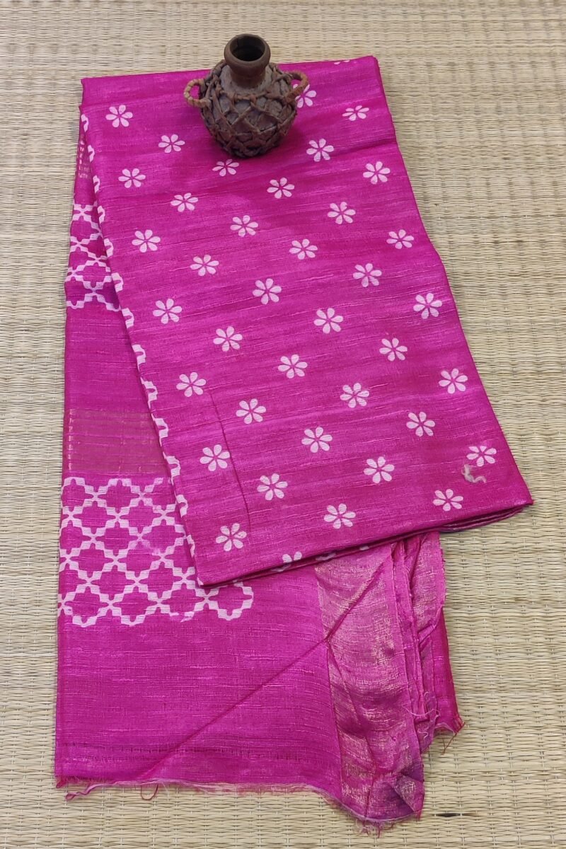 Tussar Tales - Pink and White - Tussar Handblock Printed Saree - Image 4