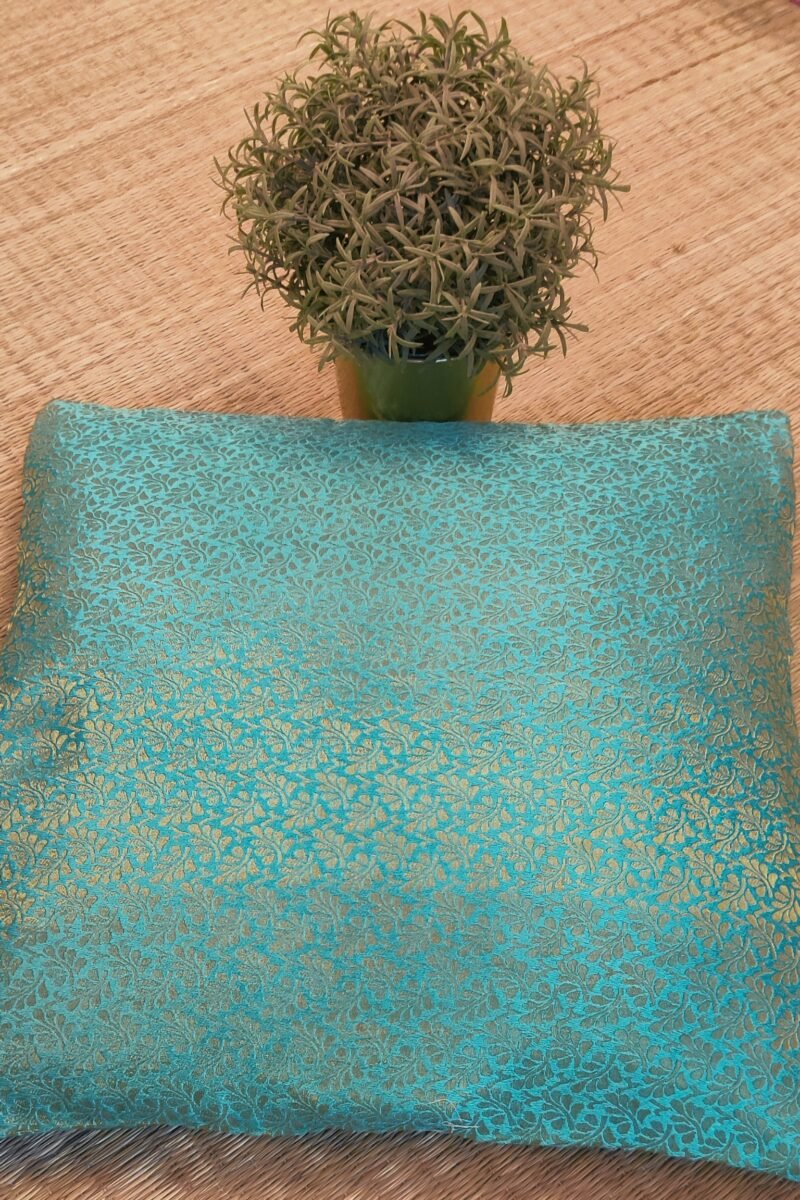 Cozy Cushion: Firozi Green Raw Silk With Gold Leaf Pattern Cushion Cover 16" X 16" - Image 2