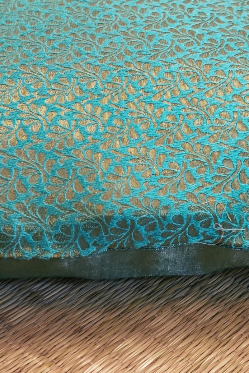Cozy Cushion: Firozi Green Raw Silk With Gold Leaf Pattern Cushion Cover 16" X 16" - Image 3