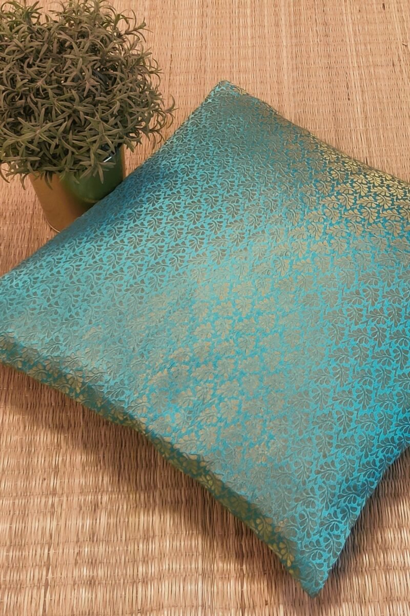 Cozy Cushion: Firozi Green Raw Silk With Gold Leaf Pattern Cushion Cover 16" X 16"