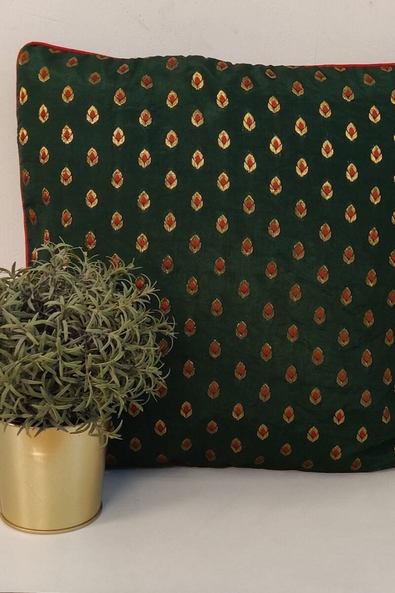Cozy Cushion: Dark Green Satin Banarasi with Bud Motifs and Red Piping Cushion Cover 16" X 16" - Image 2