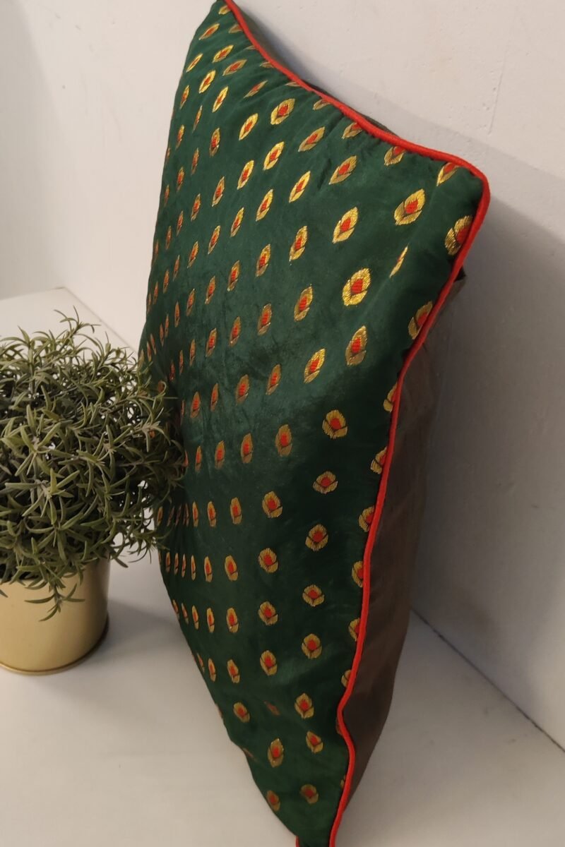 Cozy Cushion: Dark Green Satin Banarasi with Bud Motifs and Red Piping Cushion Cover 16" X 16" - Image 3