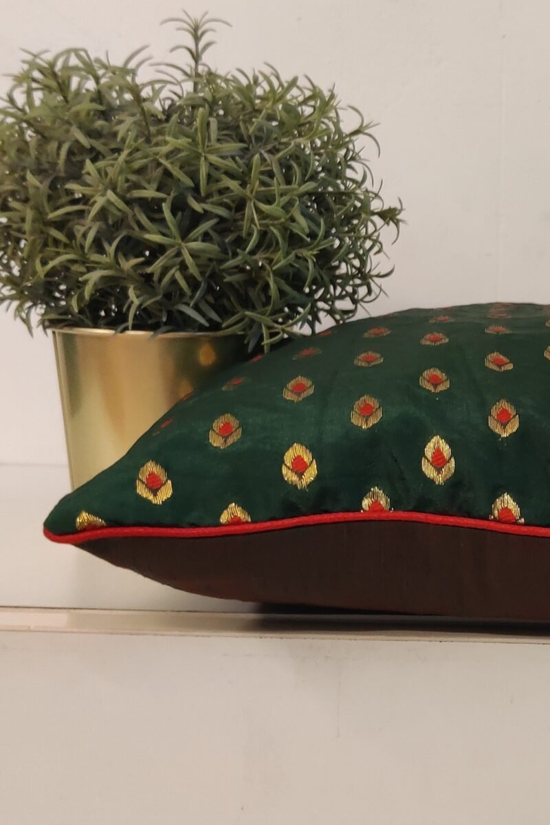 Cozy Cushion: Dark Green Satin Banarasi with Bud Motifs and Red Piping Cushion Cover 16" X 16" - Image 5