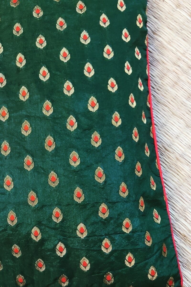 Cozy Cushion: Dark Green Satin Banarasi with Bud Motifs and Red Piping Cushion Cover 16" X 16" - Image 6