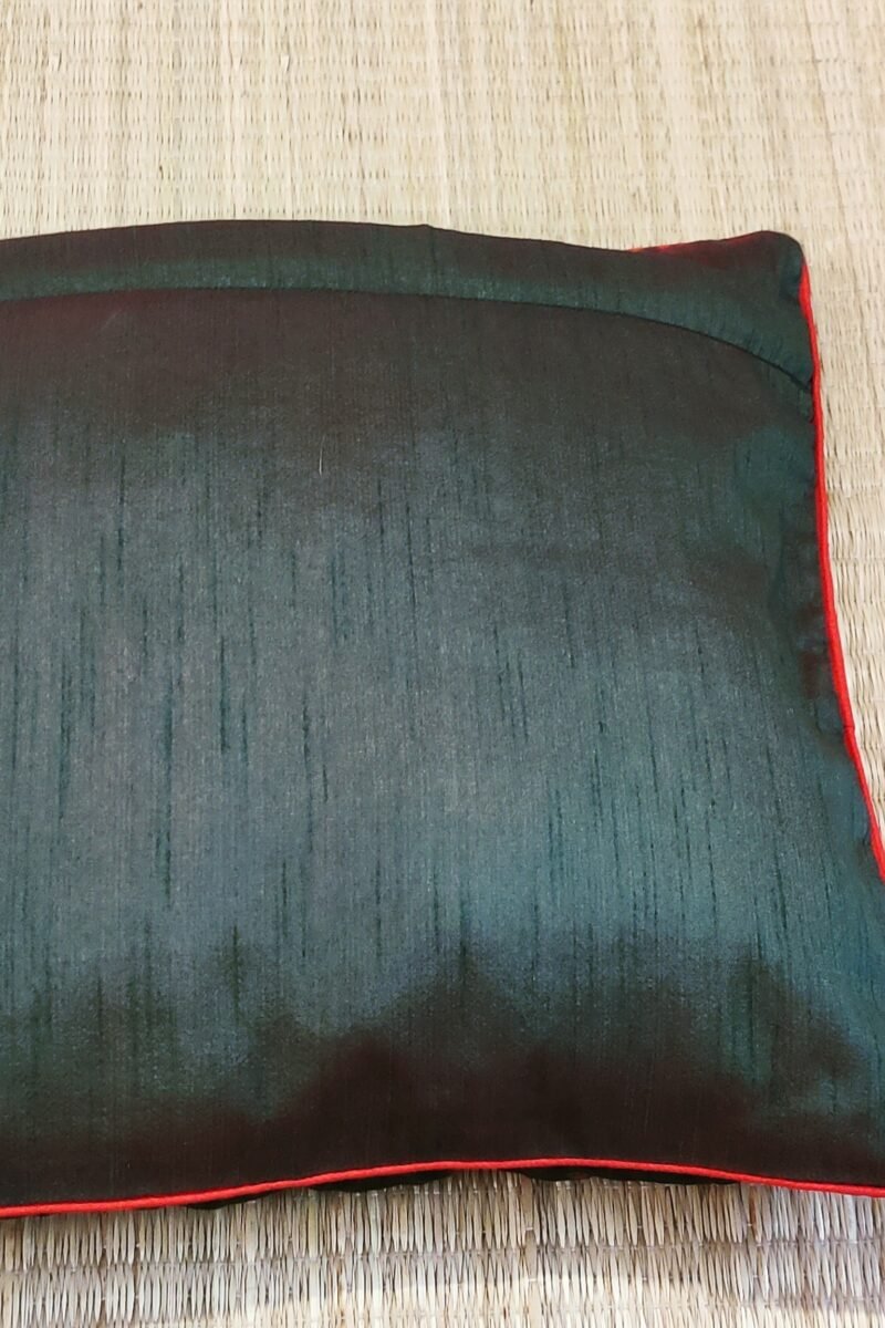 Cozy Cushion: Dark Green Satin Banarasi with Bud Motifs and Red Piping Cushion Cover 16" X 16" - Image 7