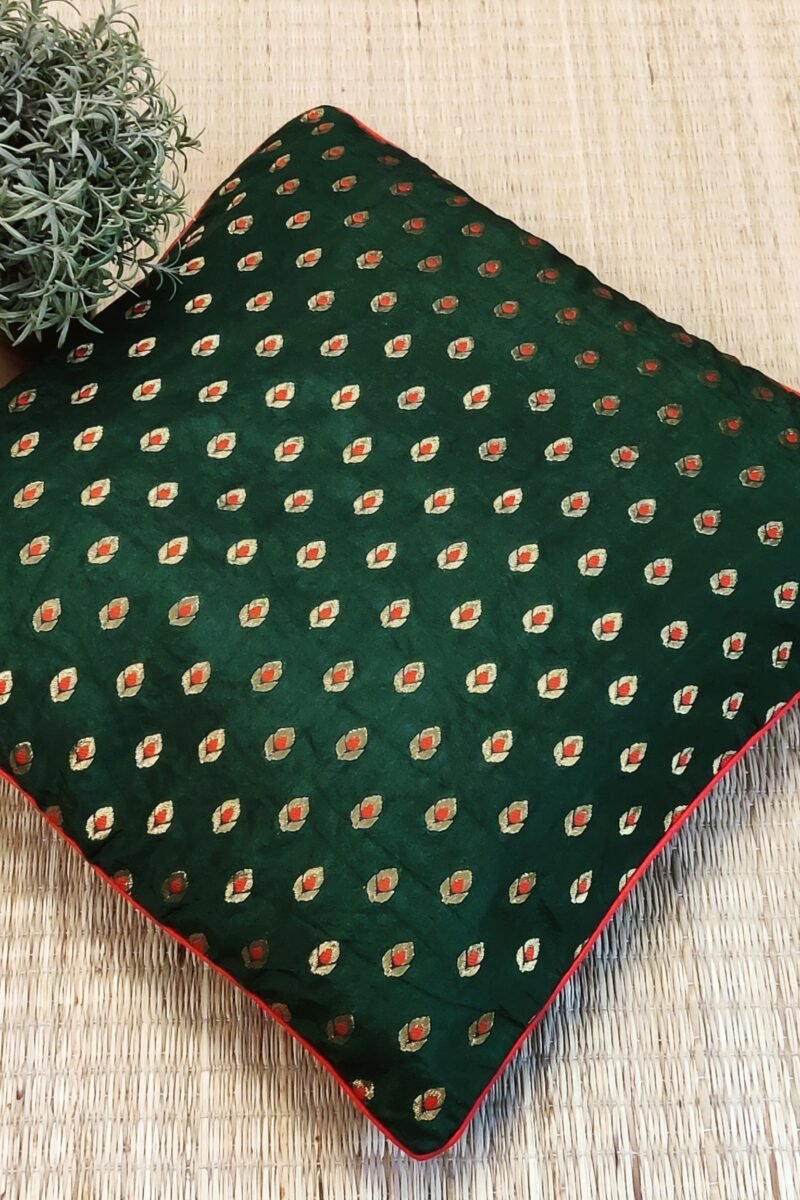Cozy Cushion: Dark Green Satin Banarasi with Bud Motifs and Red Piping Cushion Cover 16" X 16"