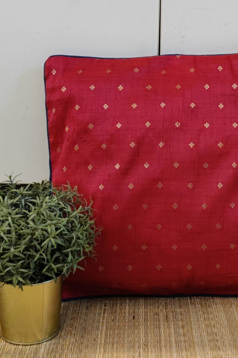 Cozy Cushion: Hot Pink Raw Silk with Polka Dot Booties and Teal Piping Cushion Cover 16" X 16" - Image 2