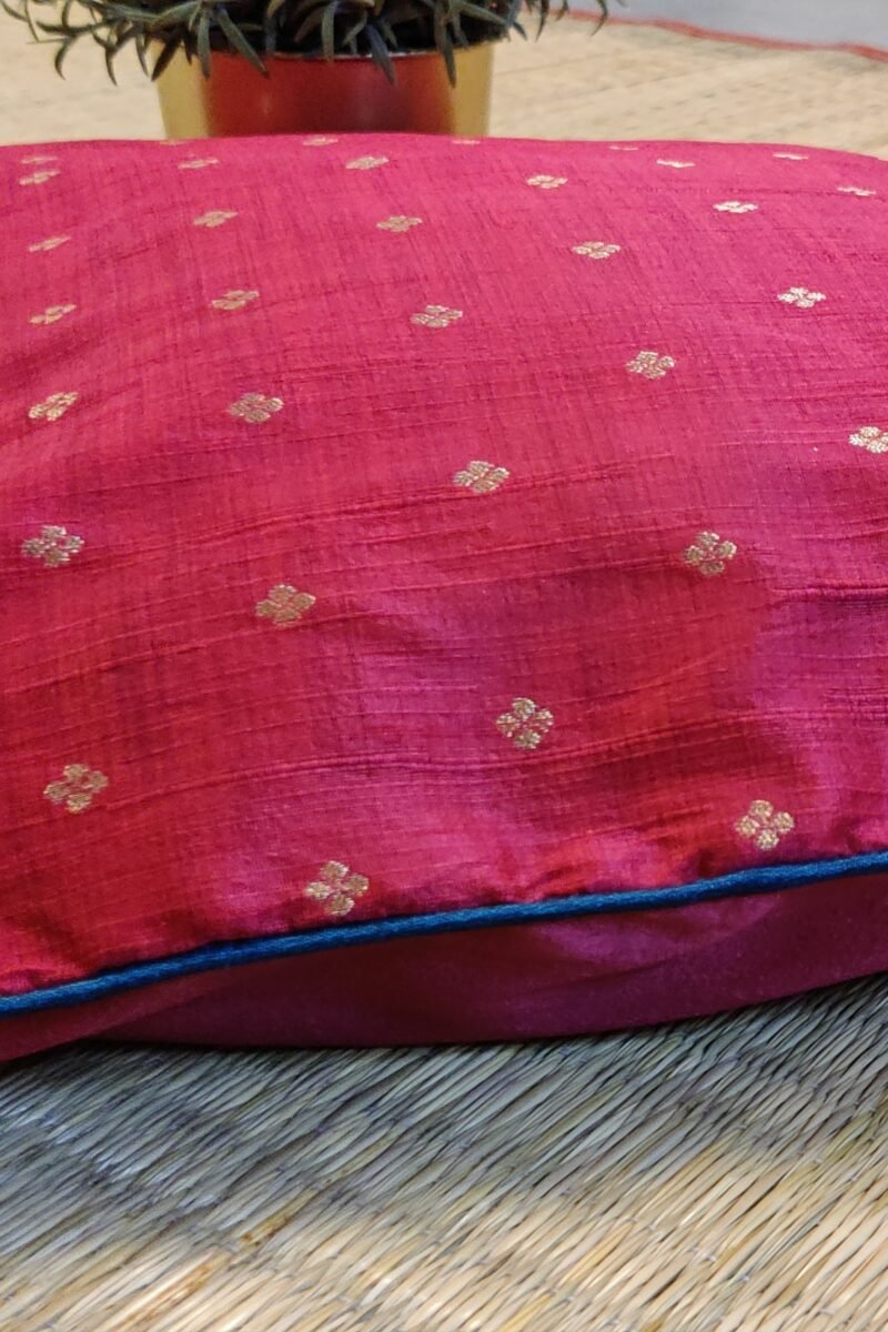 Cozy Cushion: Hot Pink Raw Silk with Polka Dot Booties and Teal Piping Cushion Cover 16" X 16" - Image 4