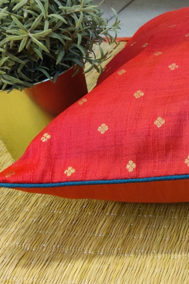 Cozy Cushion: Hot Pink Raw Silk with Polka Dot Booties and Teal Piping Cushion Cover 16" X 16" - Image 5