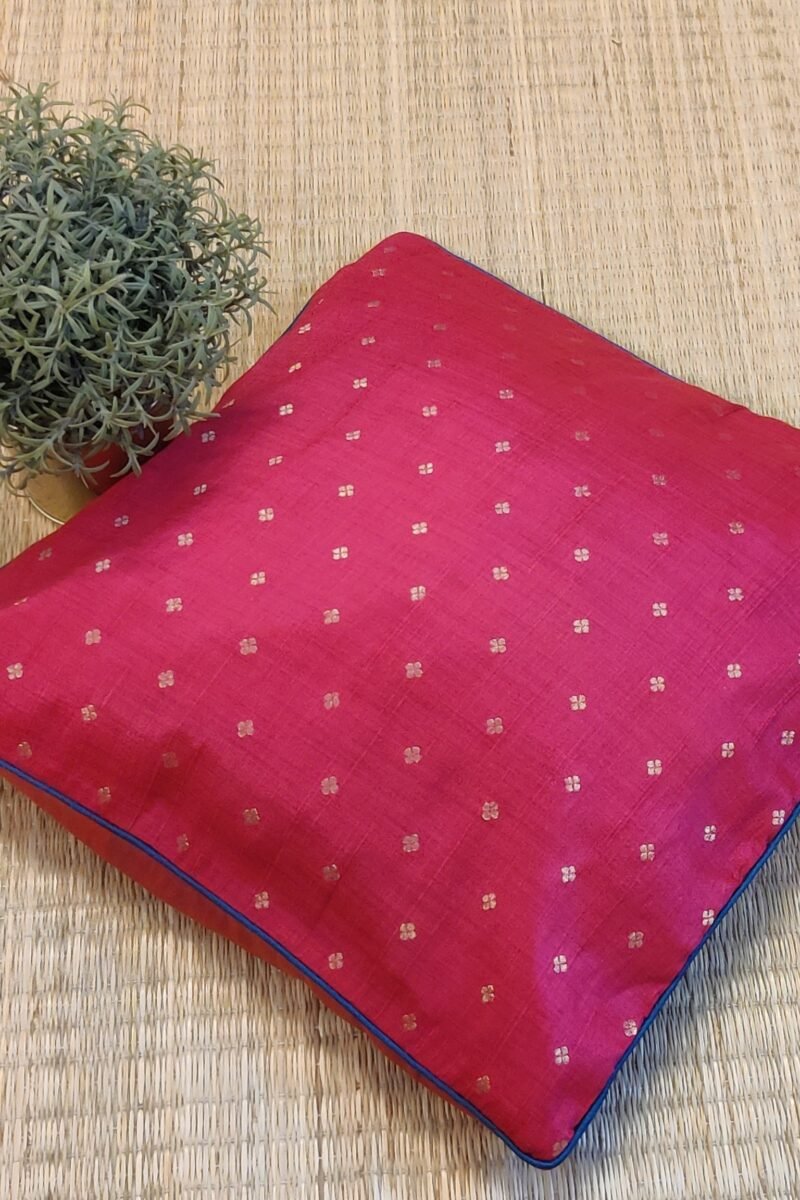 Cozy Cushion: Hot Pink Raw Silk with Polka Dot Booties and Teal Piping Cushion Cover 16" X 16"