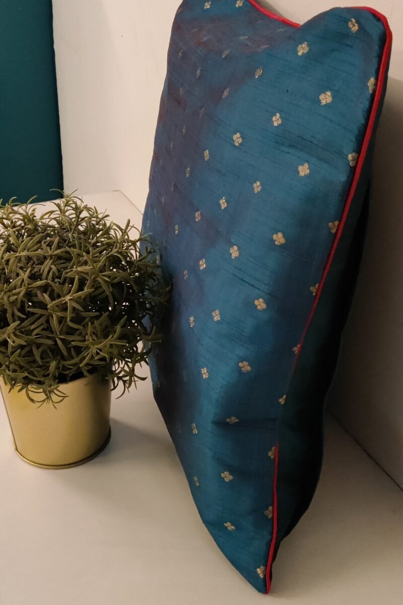 Cozy Cushion: Peacock Blue Raw Silk with Polka Dot Booties and Hot Pink Piping Cushion Cover 16" X 16" - Image 2