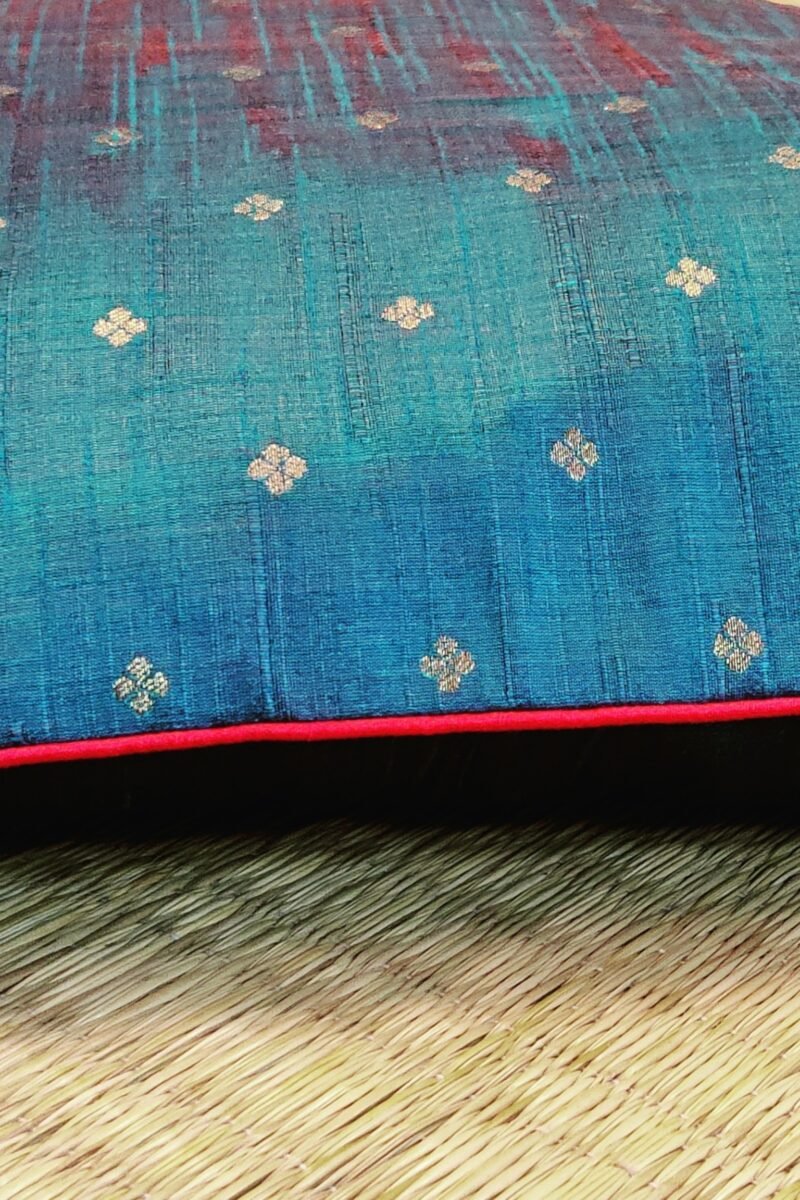 Cozy Cushion: Peacock Blue Raw Silk with Polka Dot Booties and Hot Pink Piping Cushion Cover 16" X 16" - Image 3