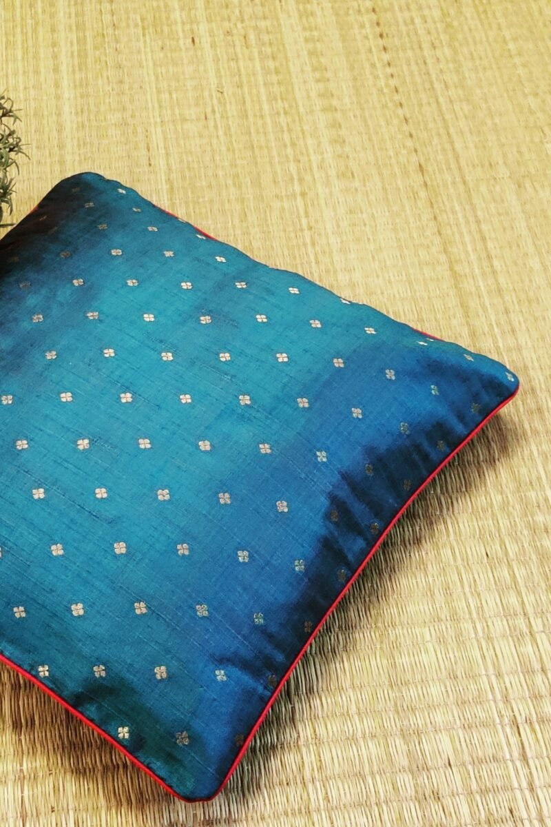 Cozy Cushion: Peacock Blue Raw Silk with Polka Dot Booties and Hot Pink Piping Cushion Cover 16" X 16" - Image 4